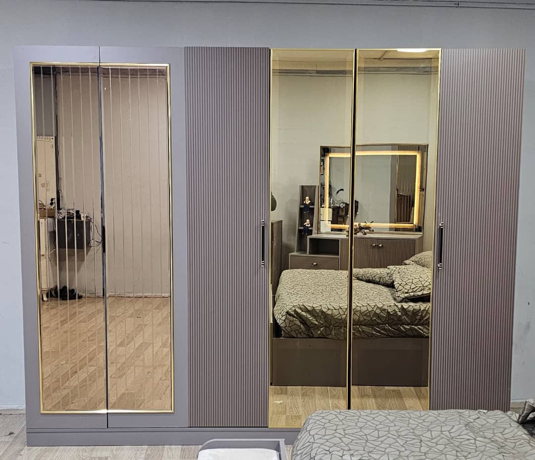 Chambre A coucher 6 Battants 6 Pièces Gris Beige - Blanc Pusat