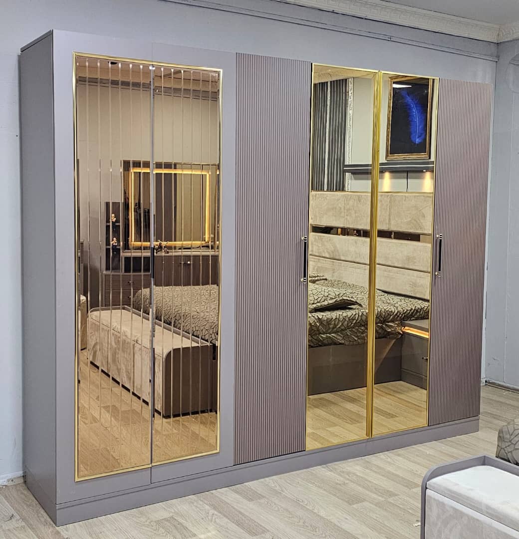 Chambre A coucher 6 Battants 6 Pièces Gris Beige - Blanc Pusat