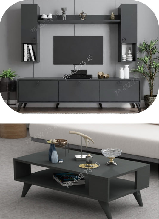 Meuble TV + Table Basse - Gris Sombre - 2M