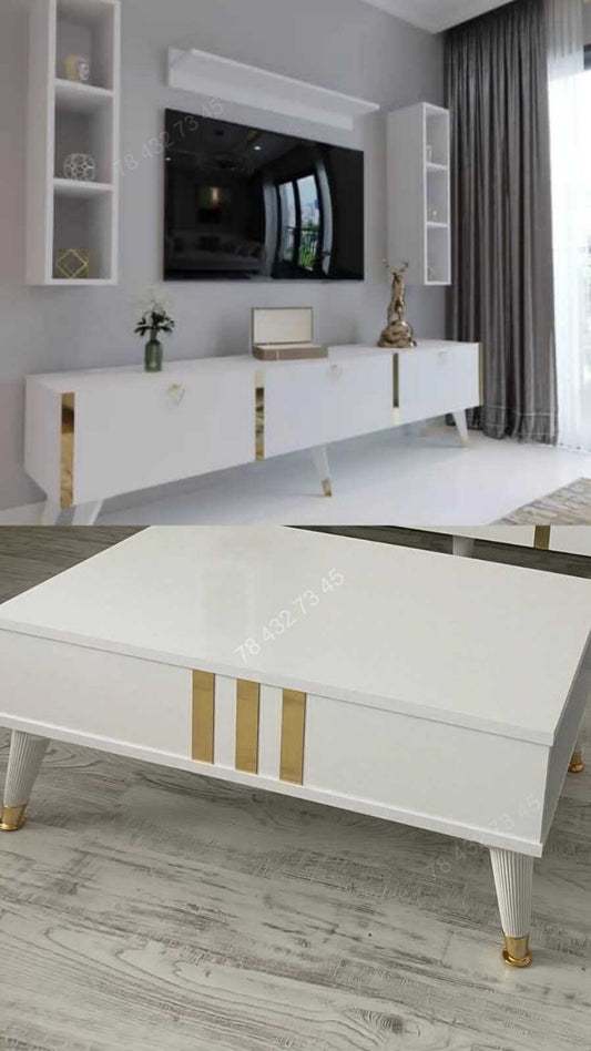 Meuble TV + Table Basse - Blanc - 1m80