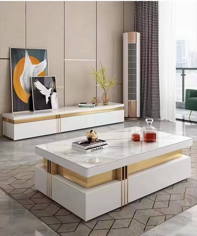 TABLE TELEVISEUR 200X40CM TV6316 + TABLE BASSE 120X60 BLANC 6316