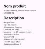 REFRIGERATEUR SHARP 2PORTES GRIS