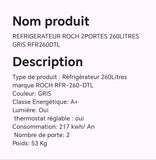 REFRIGERATEUR ROCH 2PORTES 260LITRES GRIS RFR260DTL