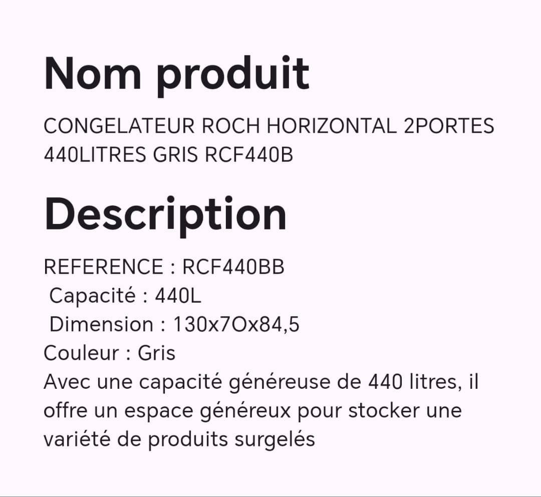 CONGELATEUR ROCH HORIZONTAL 2PORTES 440LITRES GRIS RCF440B