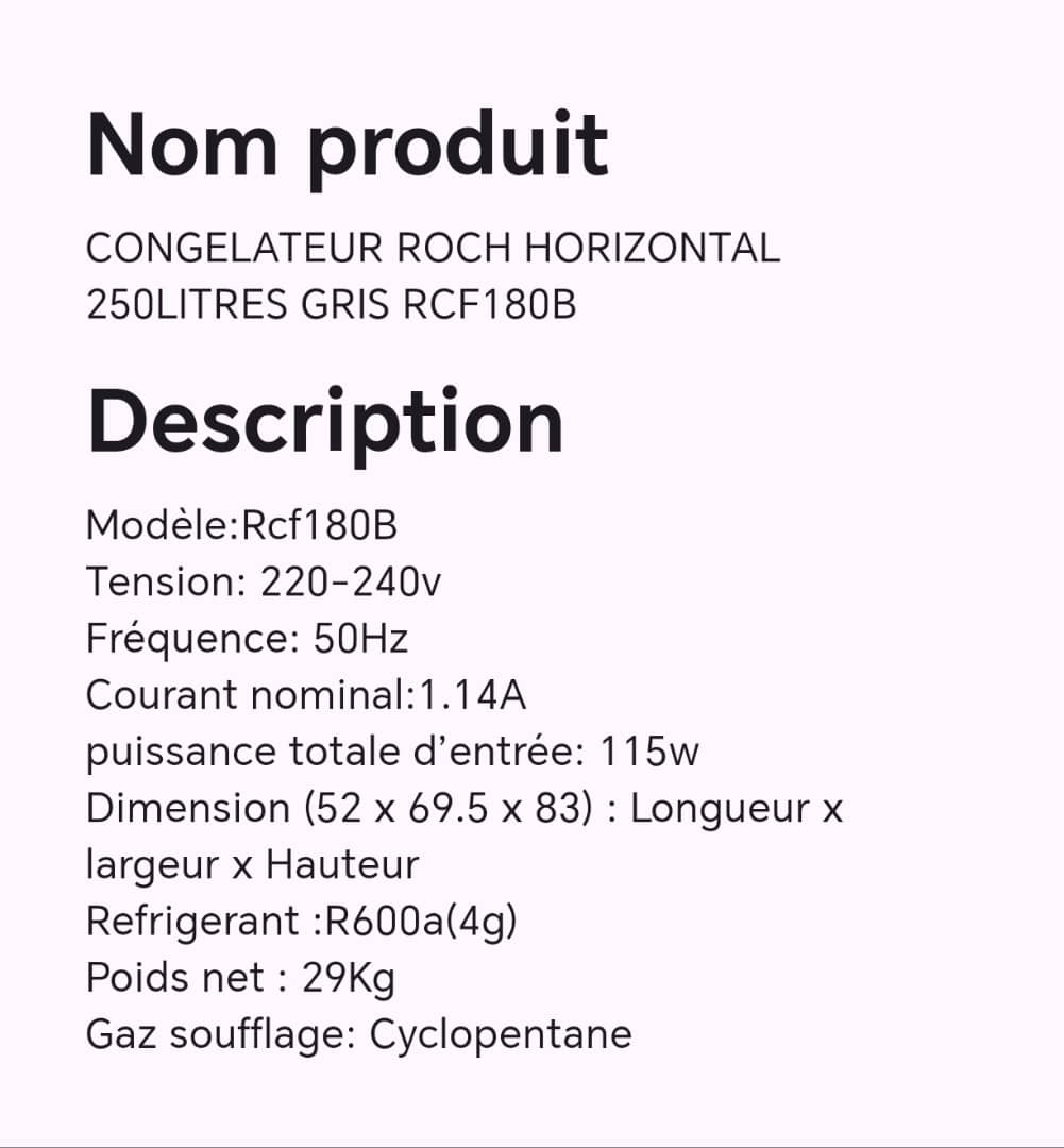CONGELATEUR ROCH HORIZONTAL 250LITRES GRIS RCF180B