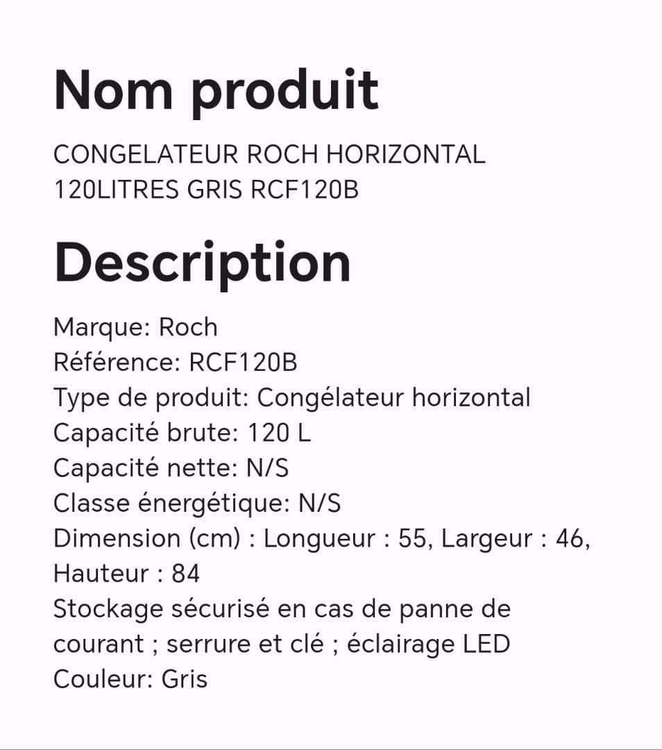 CONGELATEUR ROCH HORIZONTAL 120LITRES GRIS RCF120B