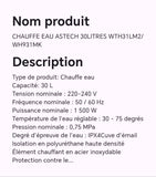 CHAUFFE EAU ASTECH 30LITRES WTH31LM2/ WH931MK