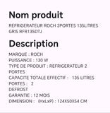 REFRIGERATEUR ROCH 2PORTES 135LITRES GRIS RFR135DTJ