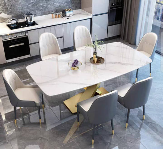 Table A Manger - Marbre Blanc et Pied Doré en X