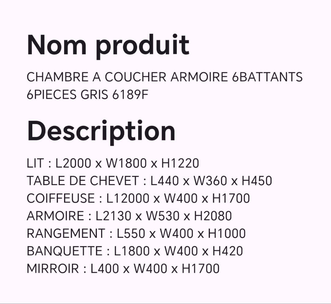 CHAMBRE A COUCHER 6BATTANTS 6PIECES GRIS 6189F