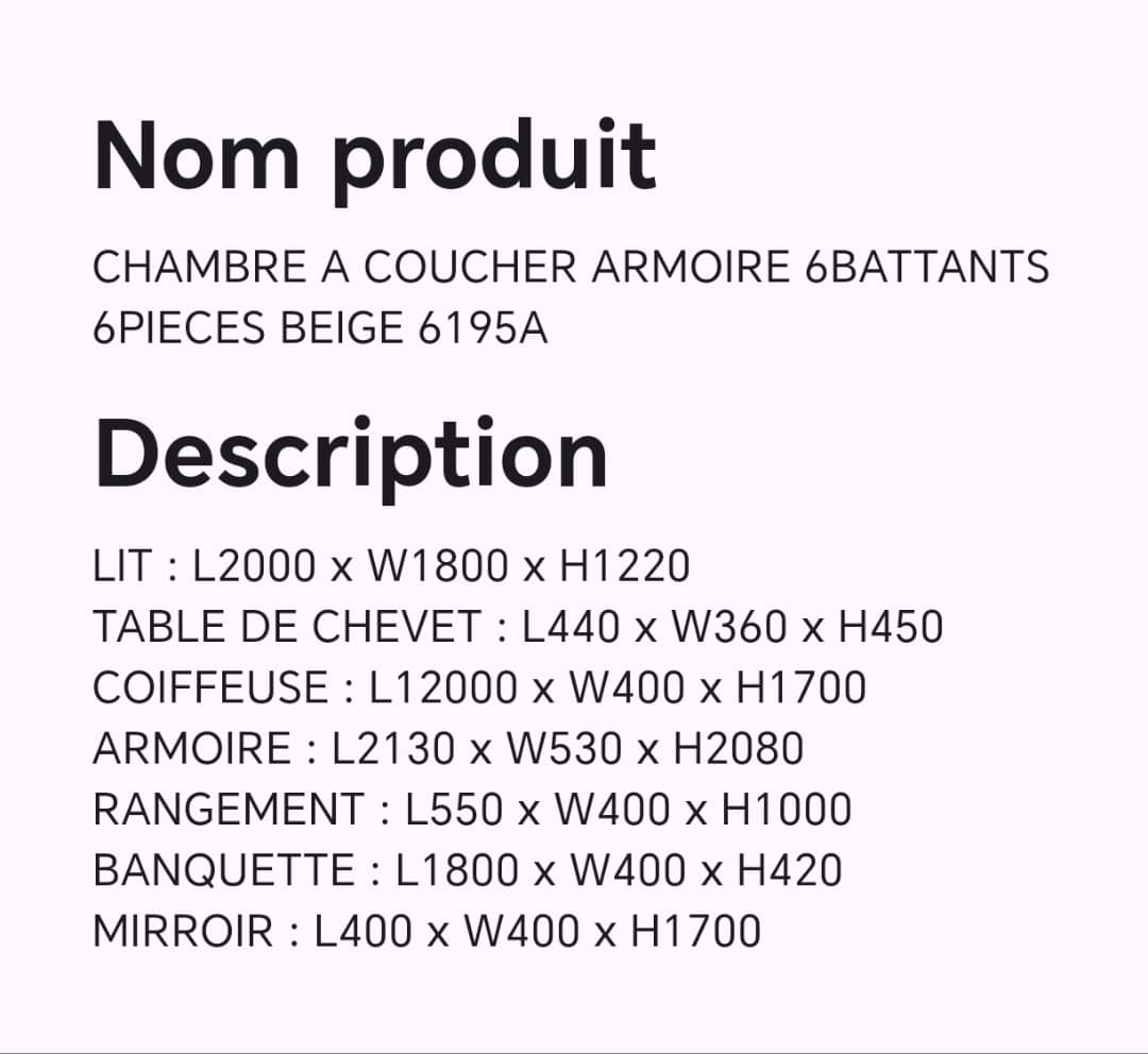 CHAMBRE A COUCHER 6BATTANTS 6PIECES 6195A