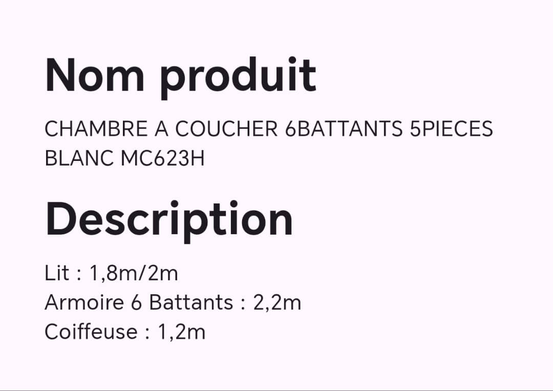 CHAMBRE A COUCHER 6BATTANTS 5PIECES BLANC MC623H