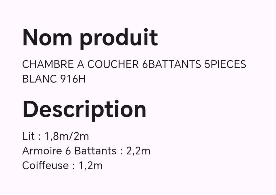 CHAMBRE A COUCHER 6BATTANTS 5PIECES BLANC 916H