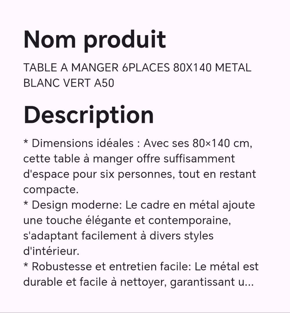 TABLE A MANGER 6 PLACES 80X140 MÉTAL 6 BLANC VERT