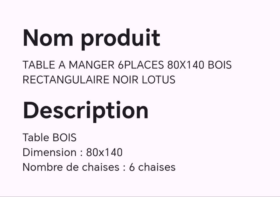 TABLE A MANGER 6 PLACES 80X140 BOIS RECTANGULAIRE NOIR LOTUS
