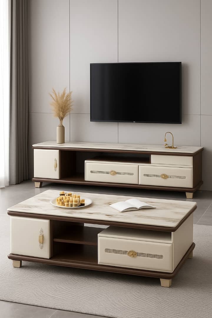 TABLE TÉLÉVISEUR MARRON BEIGE 150X34 TV430 + TABLE BASSE 120X60 430