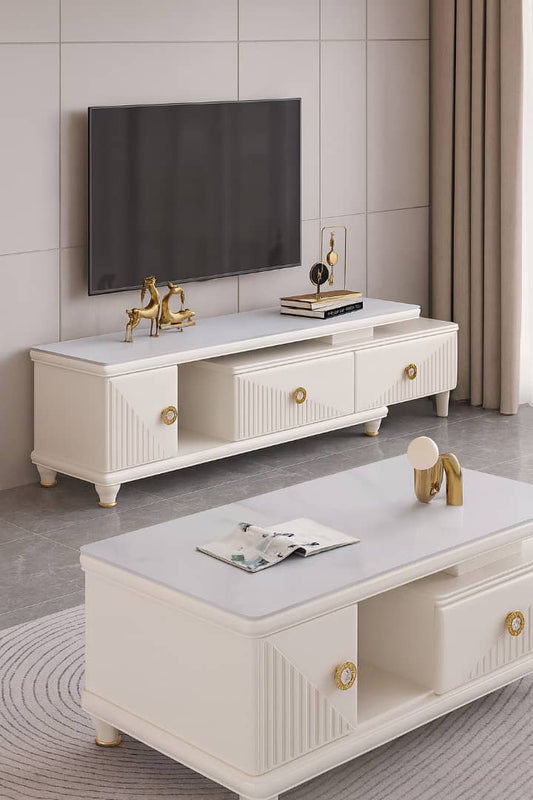 TABLE TÉLÉVISEUR MARRON BEIGE 150X34 TV532 + TABLE BASSE 120X60 432