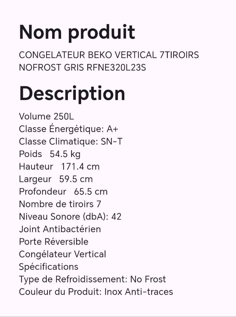 Congélateur BEKO vertical 7tiroirs nofrost gris RFNE320L23S