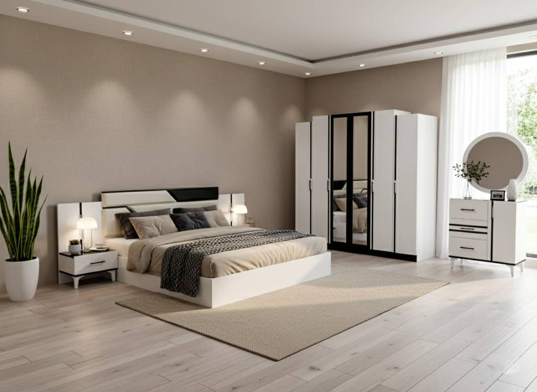 CHAMBRE A COUCHER 6BATTANTS 5PIECES NOIR ET BLANC
