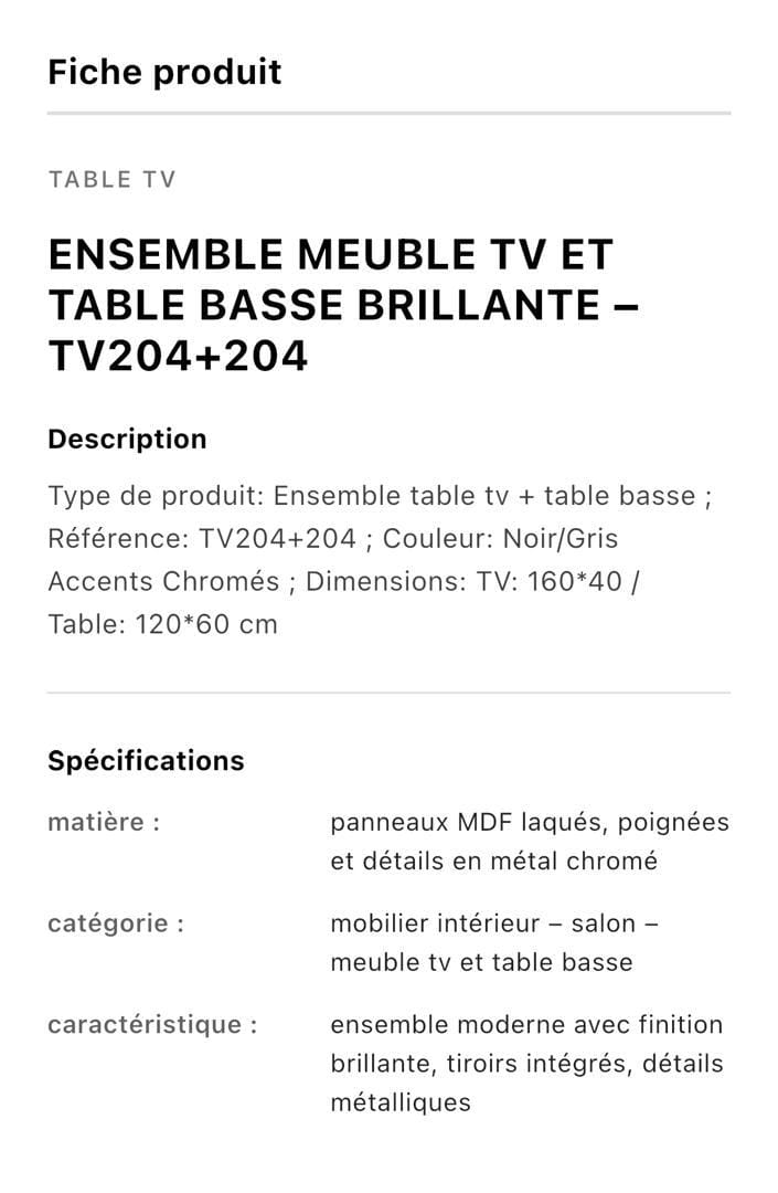 TABLE TELEVISEUR NOIR-GRIS 160X40 TV204 TABLE BASSE 120X60 204