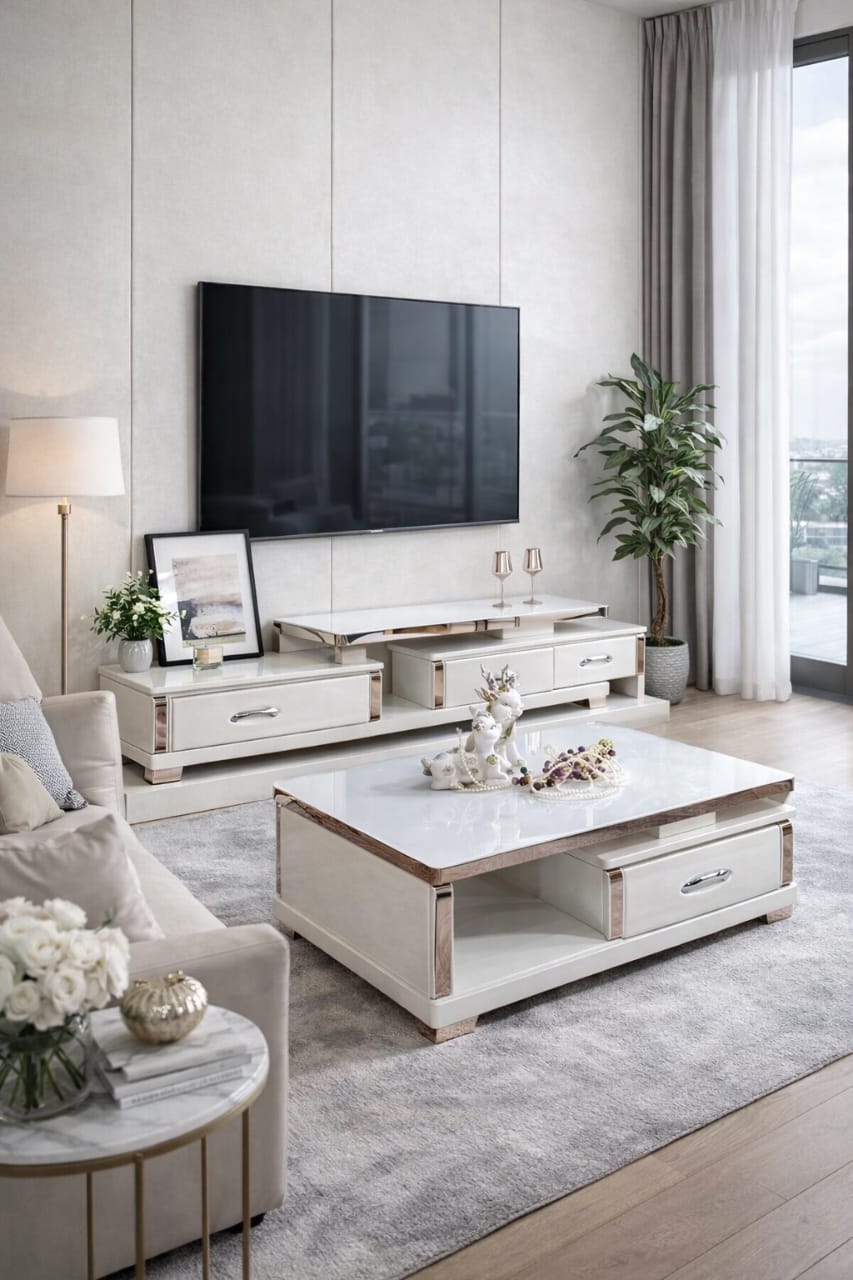 TABLE TELEVISEUR BLANC 150X40 TV204 + TABLE BASSE 120X60 204