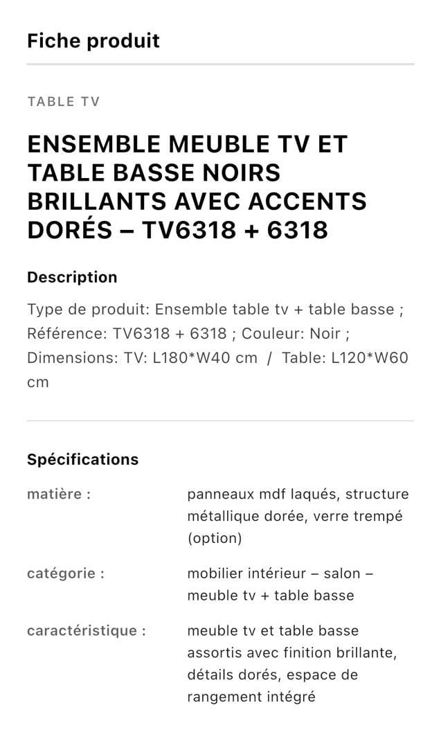 TABLE TELEVISEUR 180X40 NOIR T6318 + TABLE BASSE 120X60 6318