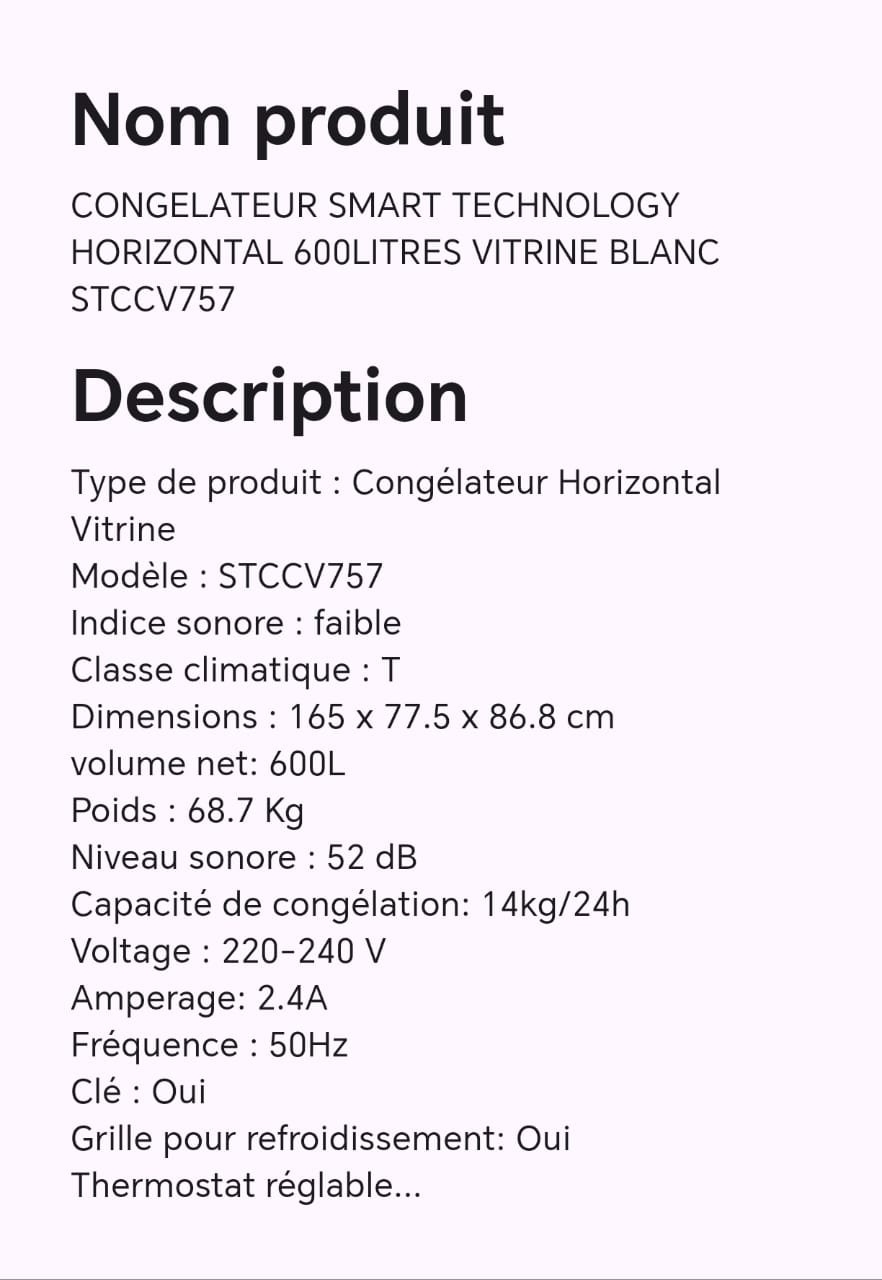 CONGELATEUR SMART TECHNOLOGY HORIZONTAL 600LITRES VITRINE BLANC STCCV757