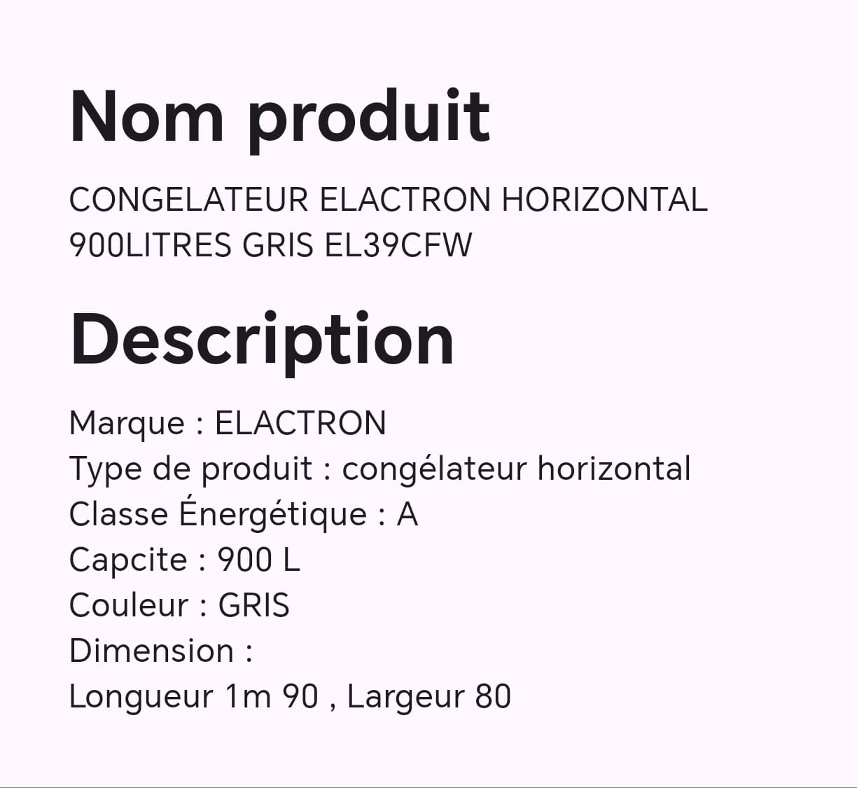 Congélateur ELACTRON HORIZONTAL 900LITRES GRIS EL39CFW