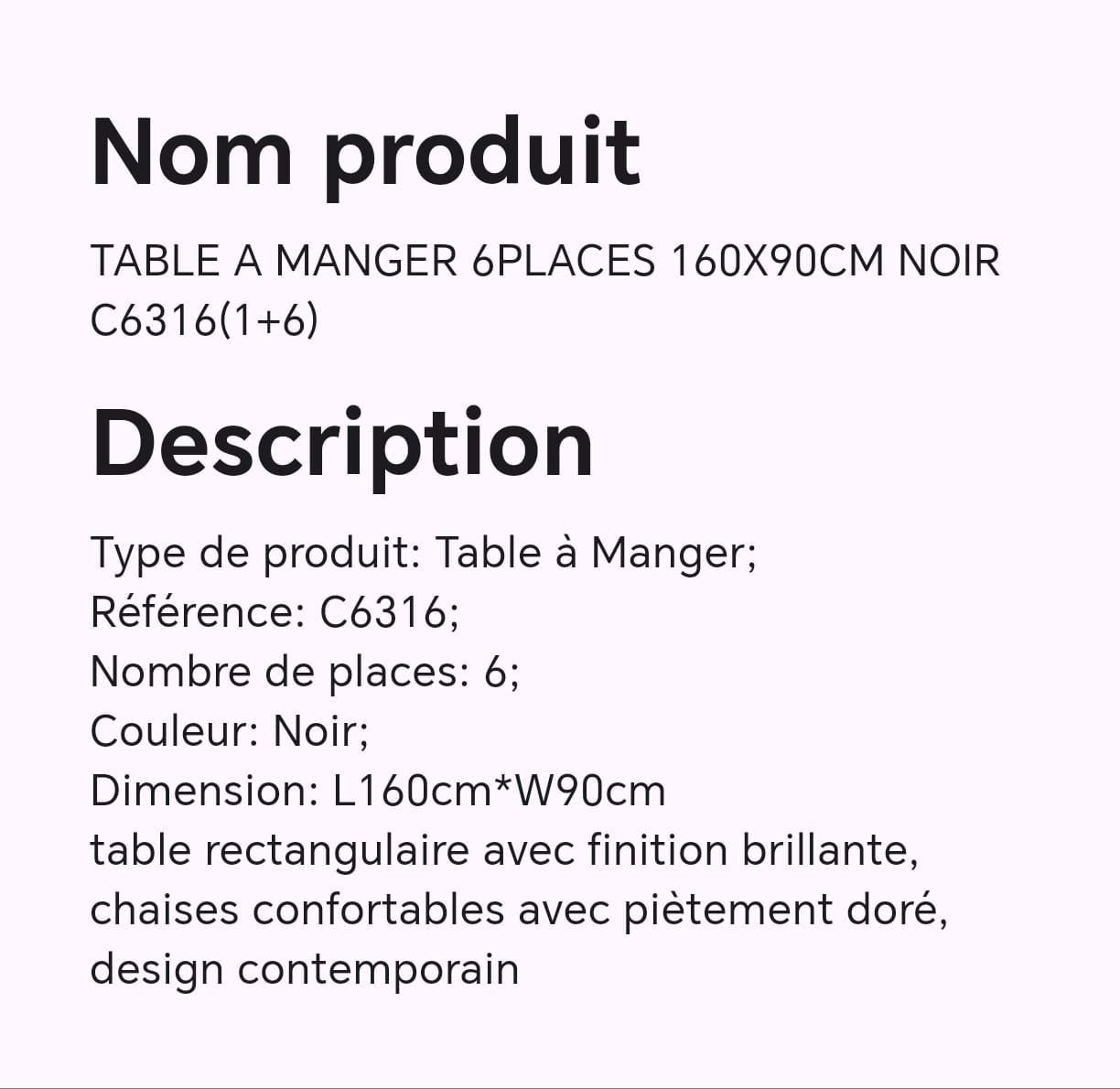 TABLE A MANGER 6 PLACES 160X90CM NOIR C6316 (1+6)