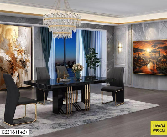 TABLE A MANGER 6 PLACES 160X90CM NOIR C6316 (1+6)