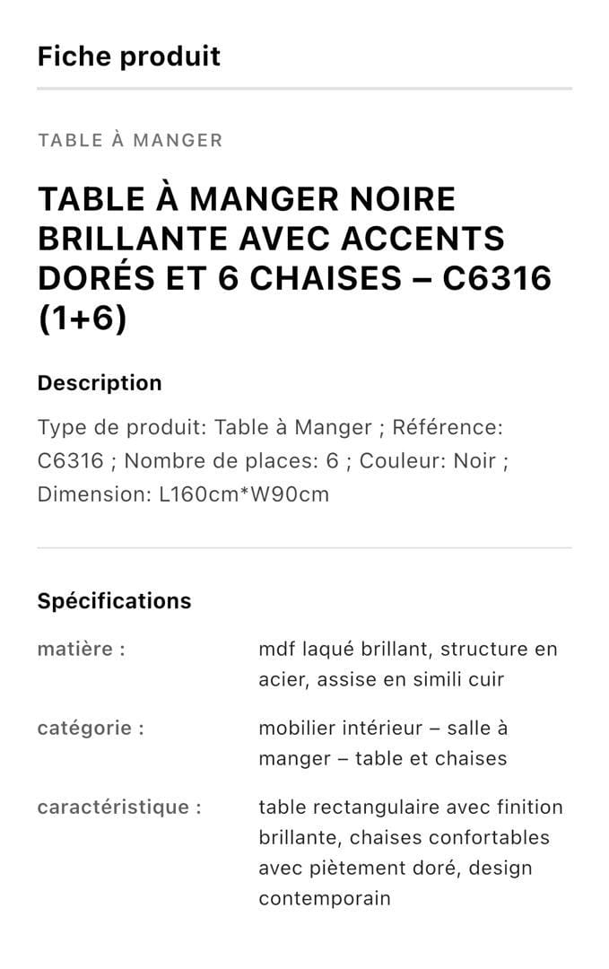 TABLE A MANGER 6 PLACES 160X90CM NOIR C6316 (1+6)