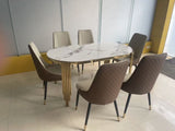 Table à manger Marron Blanc avec structure doré Plateau en Marbre Blanc Ensemble de table et de chaises pour maison et appartement