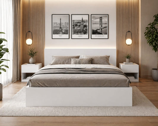 Lit Blanc Solide 2 Places + 2 Tables de Chevet