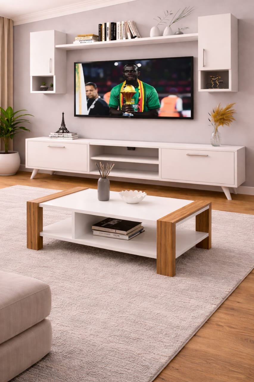 TABLE TELEVISEUR BLANC 1M80 + TABLE BASSE 60X40