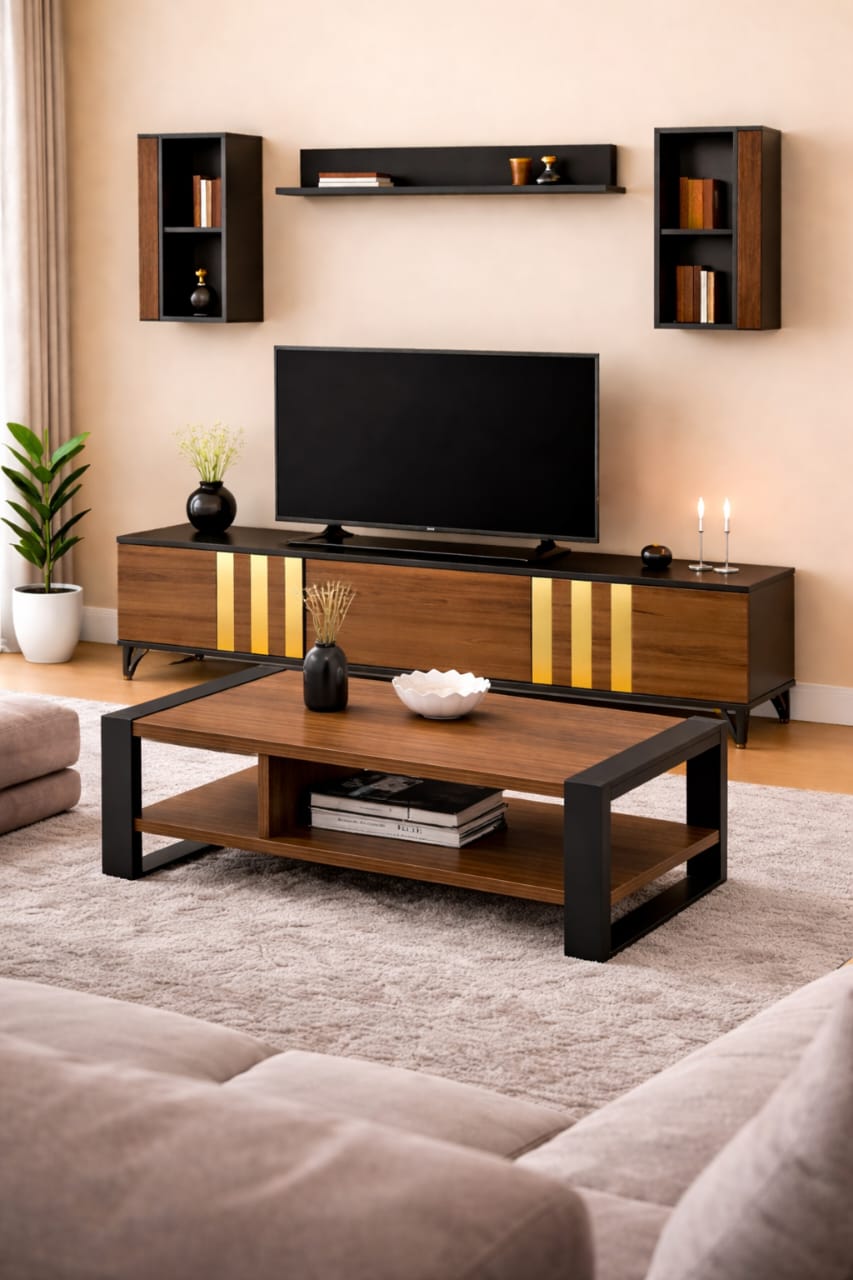 TABLE TELEVISEUR MARRON NOIR 1M80 + TABLE BASSE 60X40