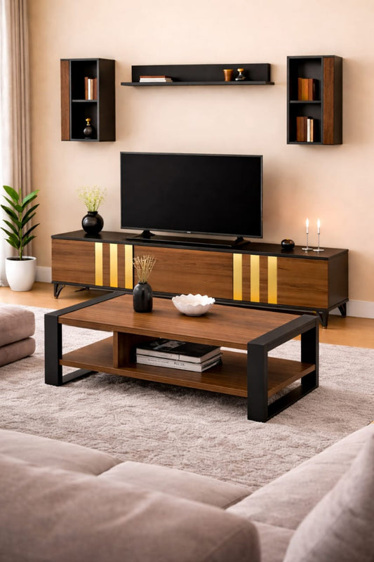 TABLE TELEVISEUR MARRON NOIR 1M80 + TABLE BASSE 60X40