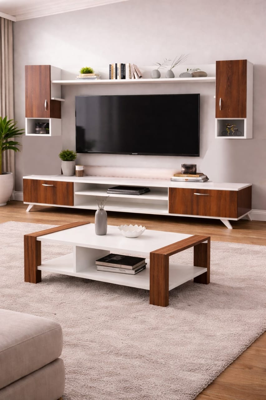 TABLE TELEVISEUR MARRON BLANC 1M80 + TABLE BASSE 60X40