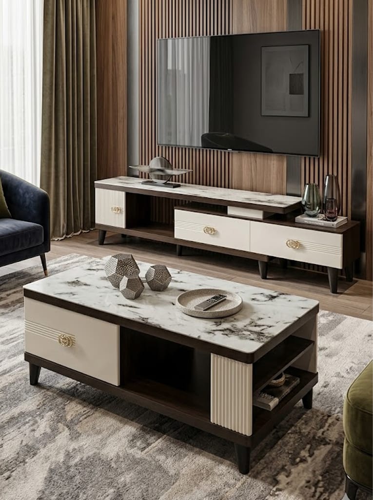 TABLE TELEVISEUR BEIGE 150x34 TV199 + TABLE BASSE 120x60