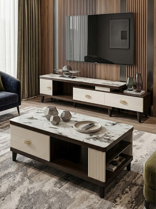 TABLE TELEVISEUR BEIGE 150x34 TV199 + TABLE BASSE 120x60