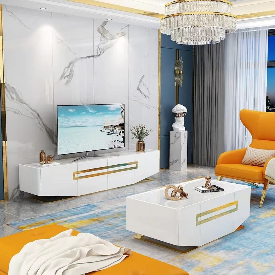 TABLE TELEVISEUR BLANC 2M + TABLE BASSE 1M20