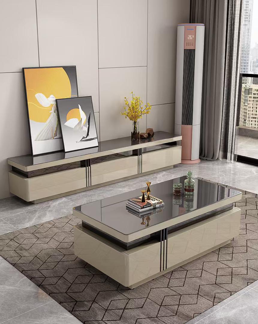 TABLE TELEVISEUR GRIS 2M + TABLE BASSE 1M20