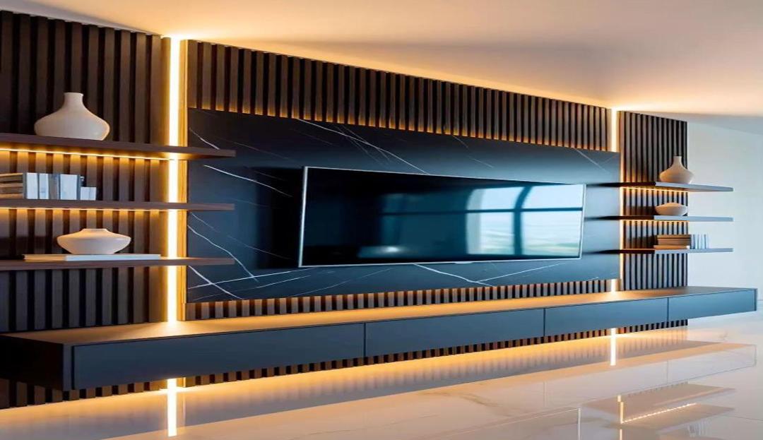 TABLE TELEVISEUR NOIR CAFÉ 2M + ETAGERES MURALES