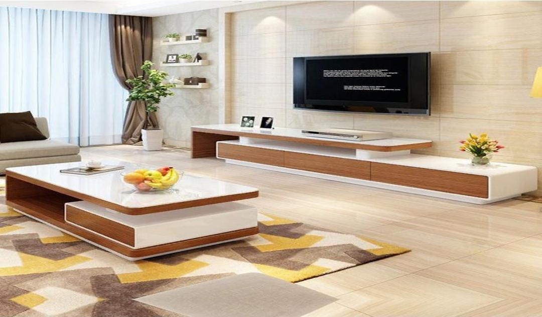 TABLE TELEVISEUR BEIGE BLANC 2M + TABLE BASSE
