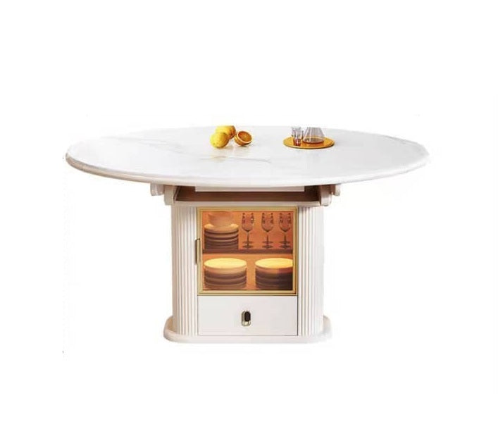 Table A Manger Extensible - Marbre Blanc - Avec Vaissellier Intégré