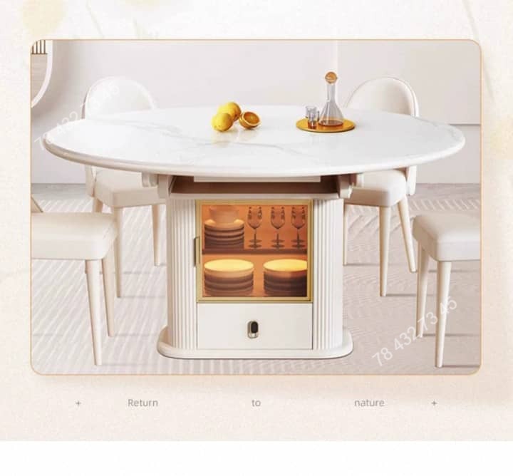 Table A Manger Extensible - Marbre Blanc - Avec Vaissellier Intégré