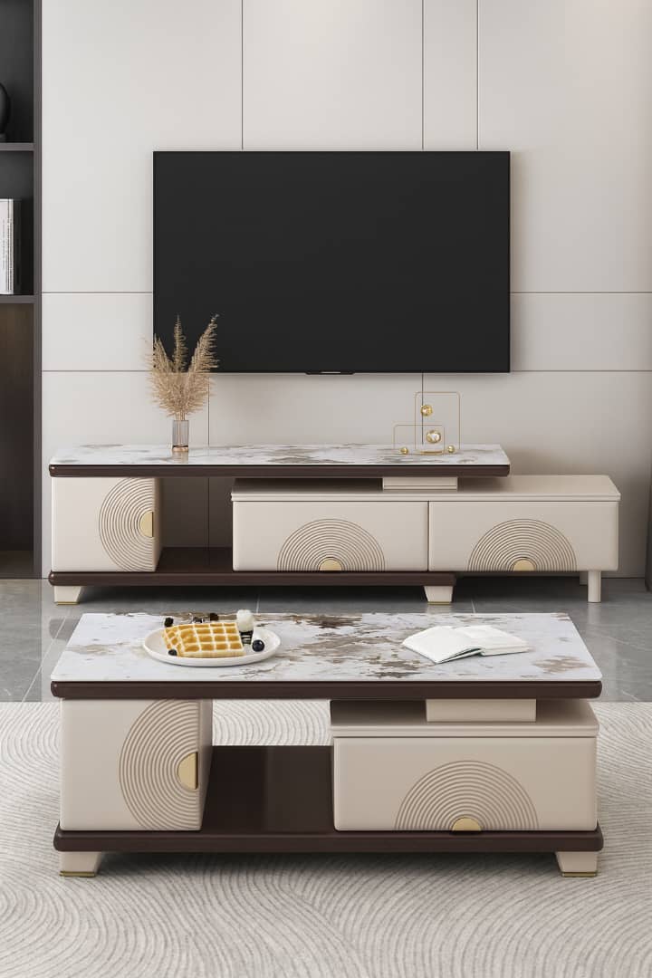 TABLE TELEVISEUR BEIGE MARRON 150X34 TV431 + TABLE BASSE 120X60 431