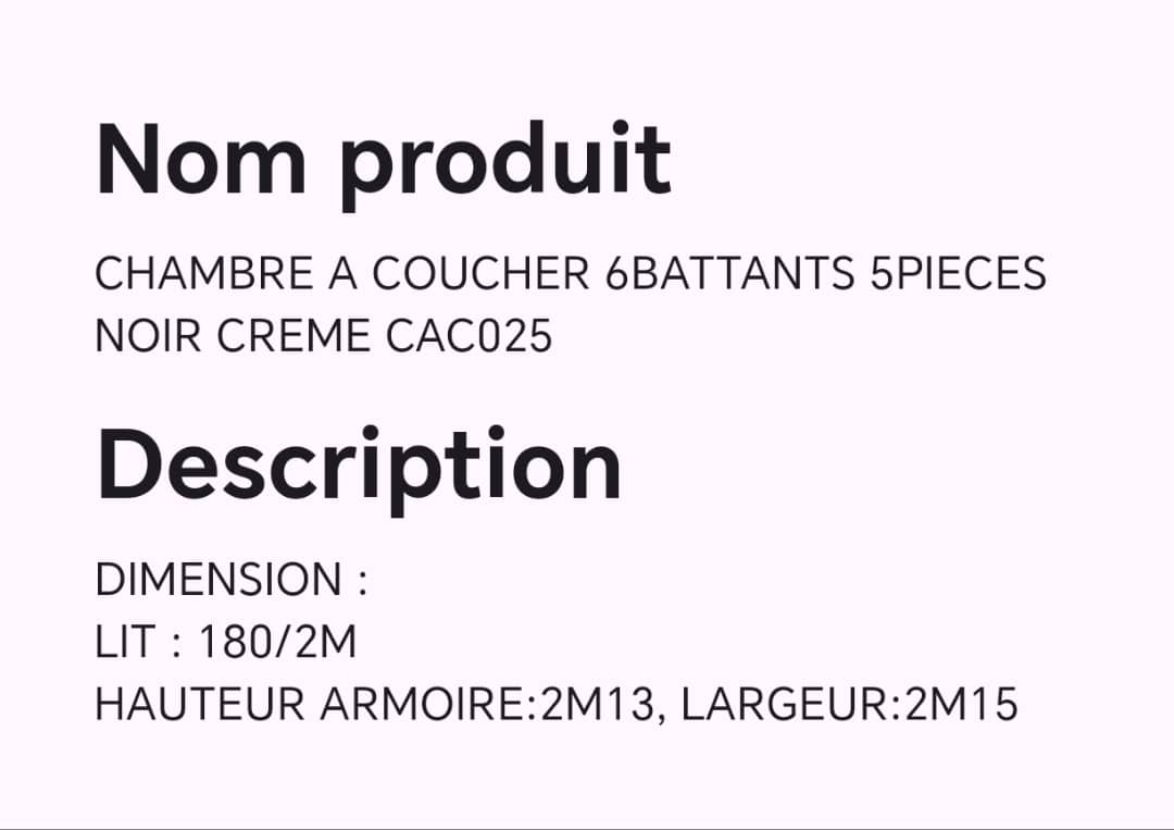CHAMBRE A COUCHER 6BATTANTS 5PIECES NOIR ET BLANC