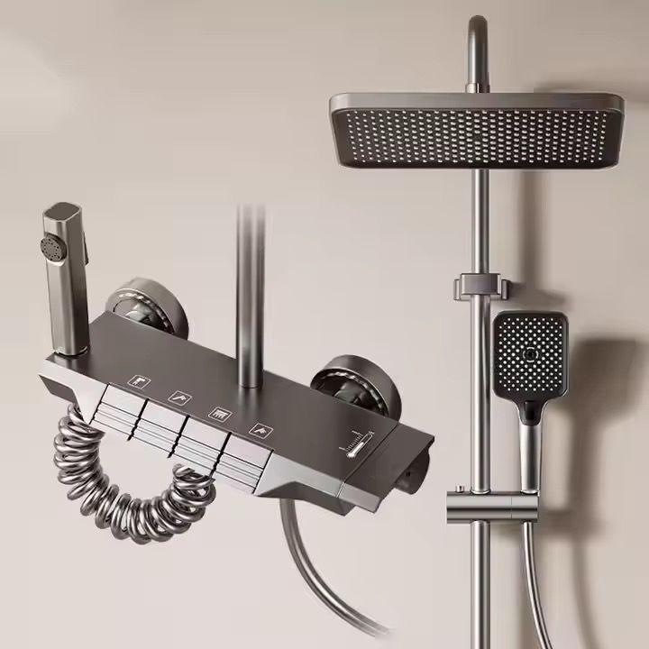 Pommeau de douche Gris effet pluie avec douchette à main, pommeau de douche haute pression de 30 cm avec bouton de commande à 4 fonctions, douchette à main à 3 jets avec support et flexible, pommeau de douche cascade anti-fuite