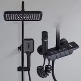 Pommeau de douche Noir effet pluie avec douchette à main, pommeau de douche haute pression de 30 cm avec bouton de commande à 4 fonctions, douchette à main à 3 jets avec support et flexible, pommeau de douche cascade anti-fuite