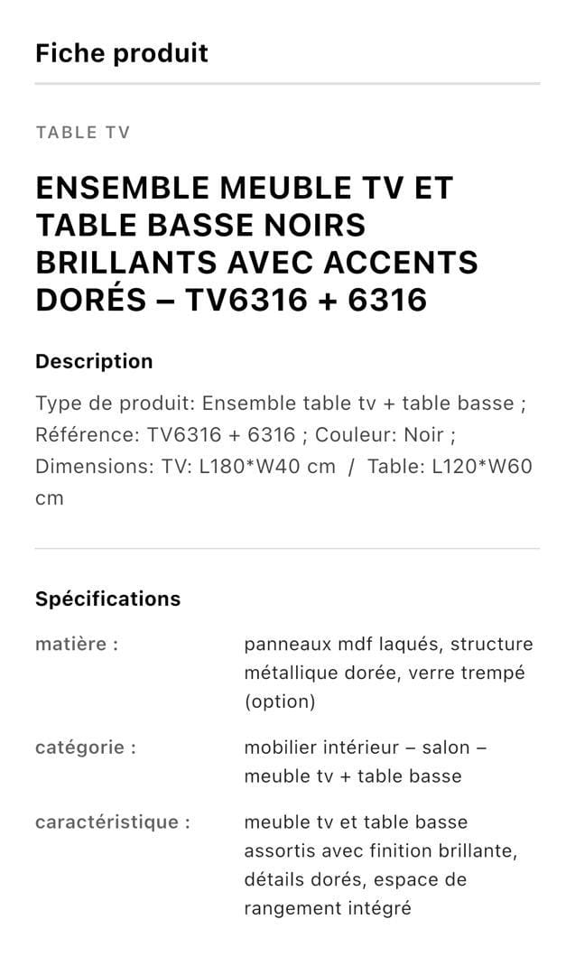 TABLE TELEVISEUR 180X40 NOIR TV6316 + TABLE BASSE 120X60 6316